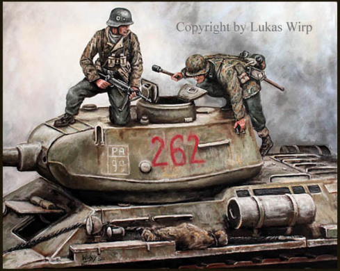 T34 Panzer im Kampf gegen deutsche Grenadiere - Bild